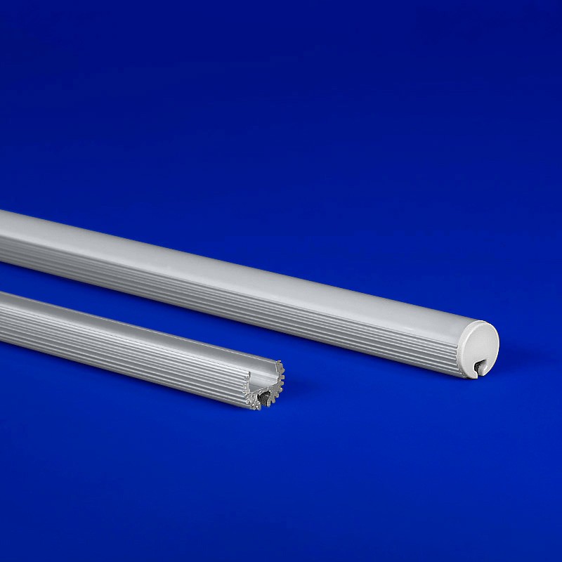 LED extrusion in a distinctive round profile, capable of 45-degree rotation in satin or black finish, complemented with matching stainless steel mounting clips.