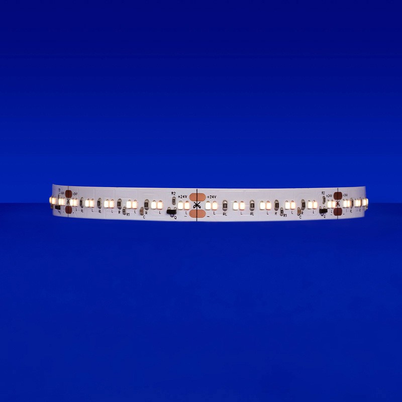 "Warm Dim LED strip, emitting 527 lm/ft at 3000K, with 6 diodes per CCT every 2 inches. Mimics traditional incandescent dimming to create the ideal ambiance for any moment.