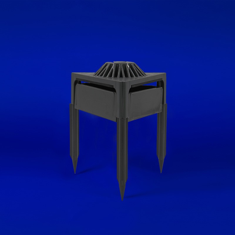 Triangular mounting stake or underground junction box , designed for stability in landscape lighting. Doubles as a 20 cubic inch mini splice box and housing for 10-75W power supplies