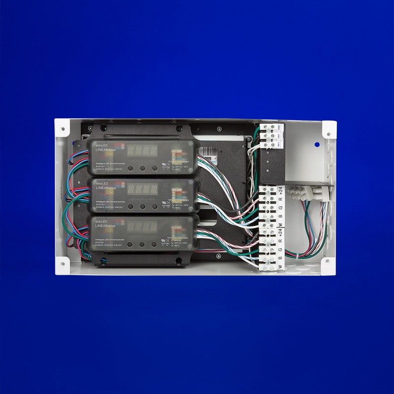 100-300W at 24VDC power supply for DMX lighting, with Thomas Research LED Driver and eldoLED's LINEARdrive DMX decoder. Prewired setup with terminal blocks, offering recessed or surface mounting options