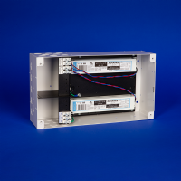 60W-300W DC LED power supply center offering 12 or 24VDC output. Available in 100, 200, and 300W variants with options for surface or recessed mounting.